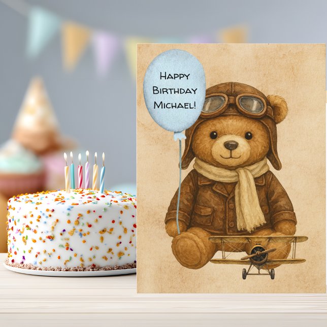 Teddy Bear Vintage Aeroplane Birthday Whimsical Postcard (Creator Uploaded)