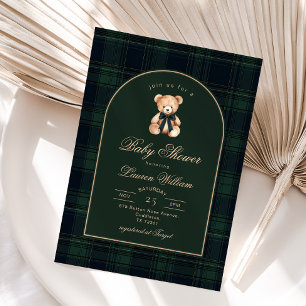 Teddy bear Vintage Classic Dark Plaid Baby Shower Invitation