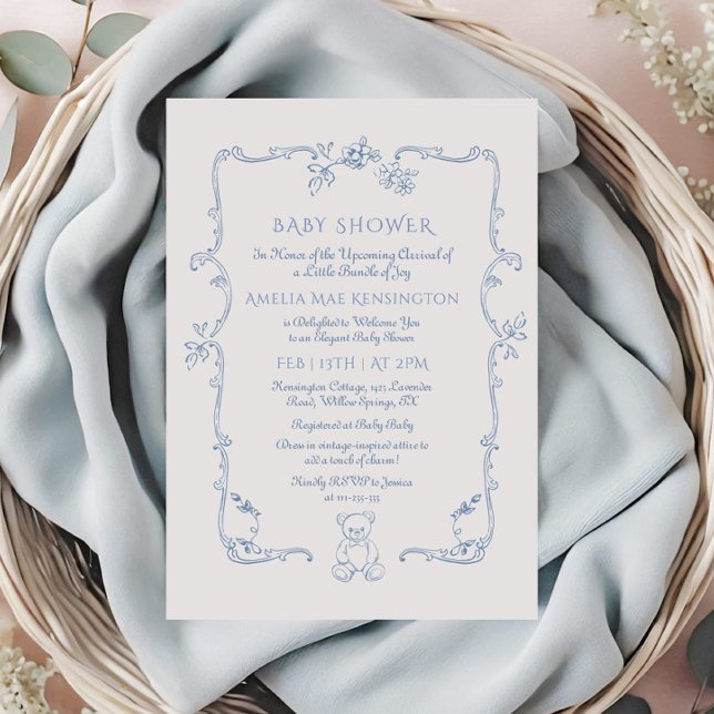 Teddy bear Vintage frame Toile Baby shower Invitation (Creator Uploaded)