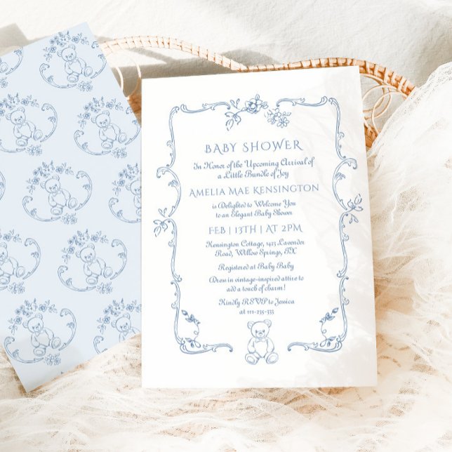 Teddy bear Vintage frame Toile Baby shower Invitation (Creator Uploaded)