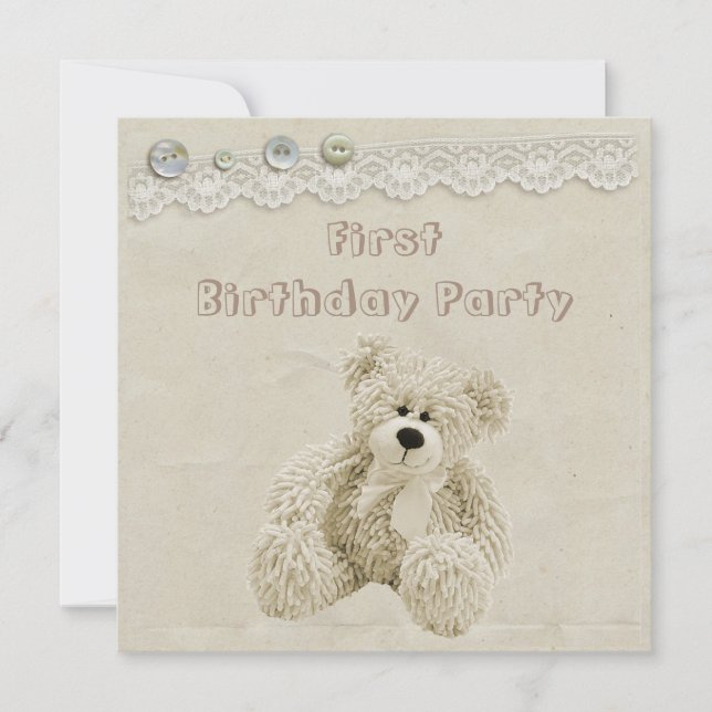 Teddy Bear Vintage Lace 1st Birthday Party Invitation (Front)