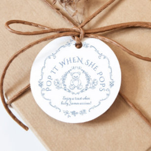 Teddy bear Vintage Toile Pop it when she pops Favour Tags
