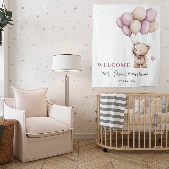Teddy Bear Violet Dusty Pink Beige Balloons Tapestry (Creator Uploaded)