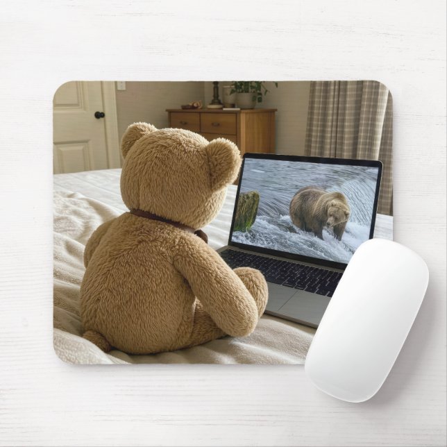 Teddy Bear Watching Grizzly on Laptop Mouse Pad (With Mouse)