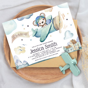 Teddy Bear Watercolor Aeroplane Baby Shower Invitation