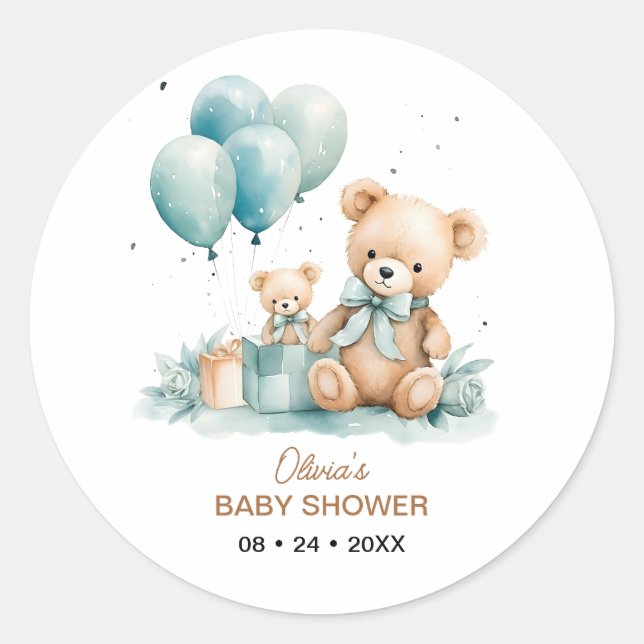 Teddy Bear watercolor Baby Shower Classic Round Sticker (Front)