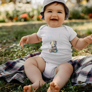 Teddy Bear Watercolor Floral Greenery Custom Name Baby Bodysuit