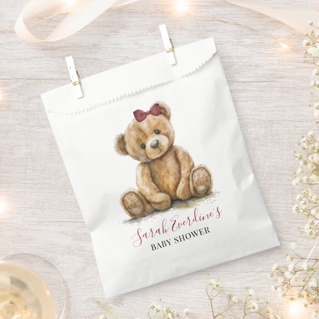 Teddy Bear Watercolor Girl Baby Shower Favour Bags (Clipped)