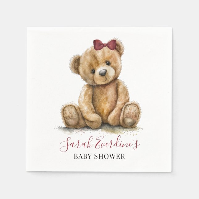 Teddy Bear Watercolor Girl Baby Shower Napkin (Front)