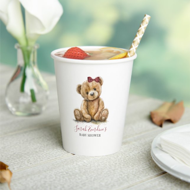 Teddy Bear Watercolor Girl Baby Shower Paper Cups (Insitu)