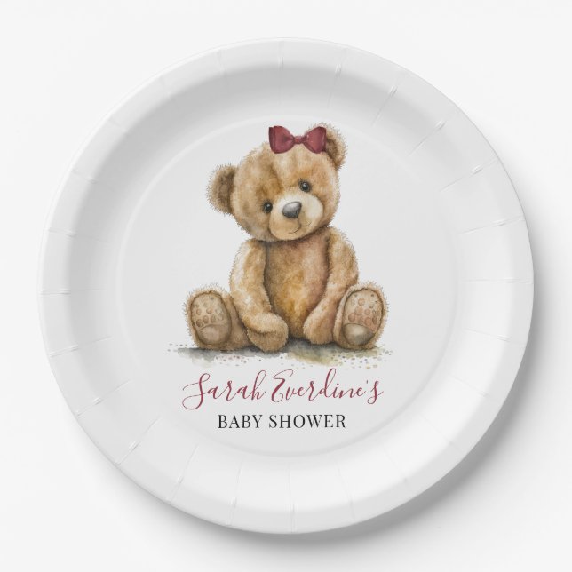Teddy Bear Watercolor Girl Baby Shower Paper Plate (Front)