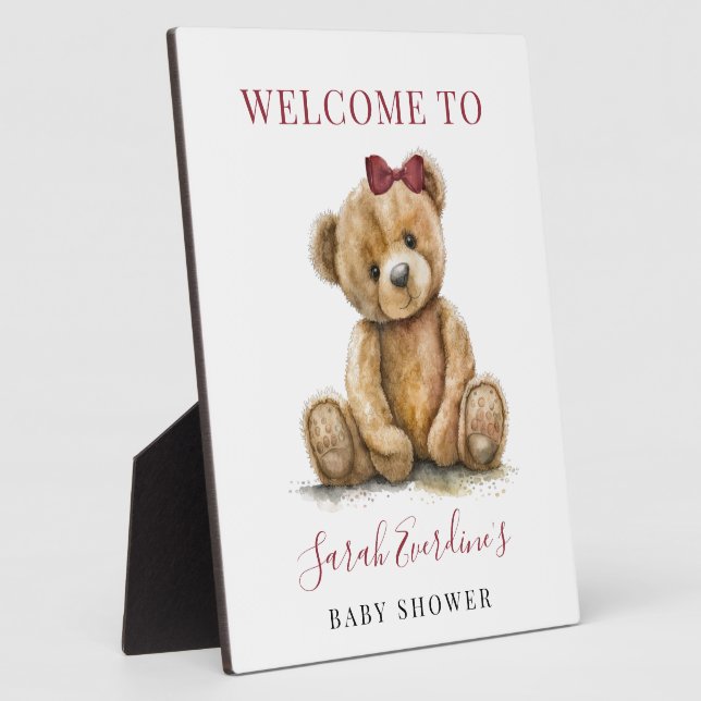 Teddy Bear Watercolor Girl Baby Shower Welcome Plaque (Side)