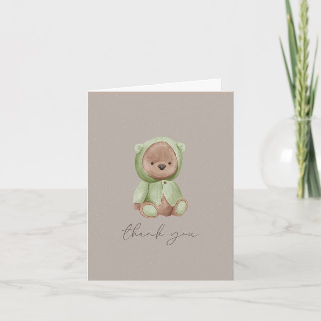 Teddy Bear Watercolor Green Brown Neutral  Thank You Card (Front)