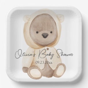 Teddy Bear Watercolor Personalized Baby Shower Paper Plate
