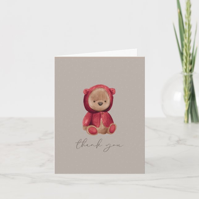 Teddy Bear Watercolor Red Brown Neutral Thank You Card (Front)