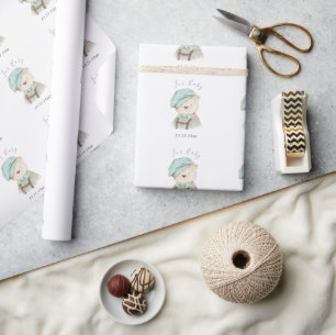 Teddy Bear Watercolor Script Baby Shower Wrapping Paper