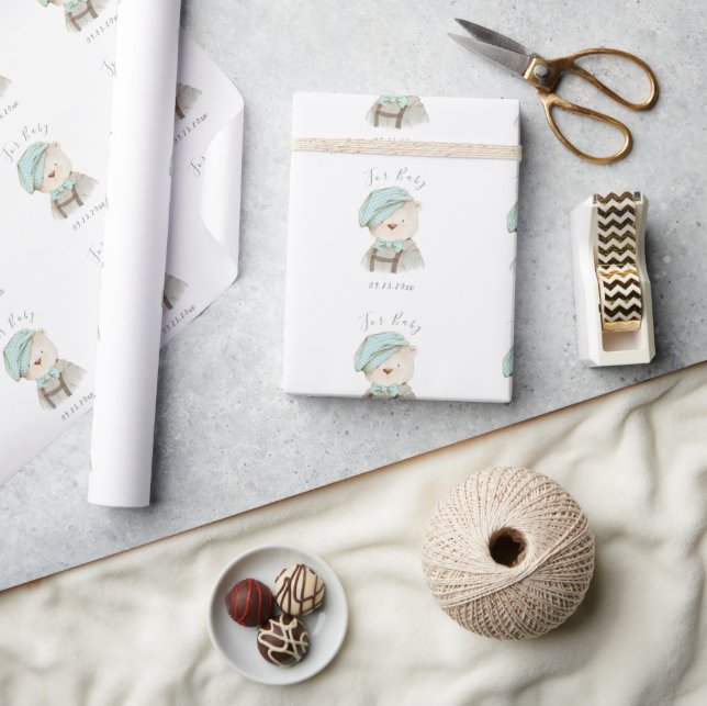 Teddy Bear Watercolor Script Baby Shower Wrapping Paper (Crafts)