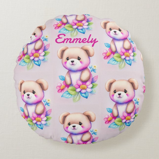 Teddy bear watercolors pastel round cushion (Front)