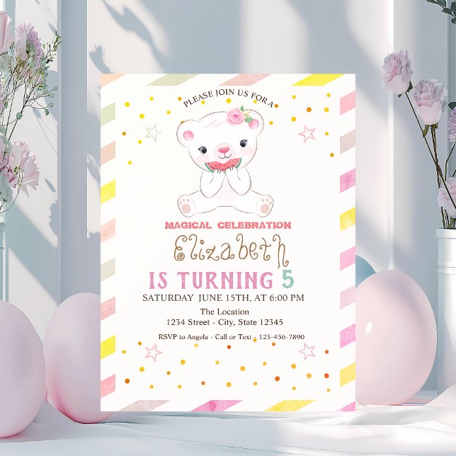 Teddy Bear Watermelon Striped Birthday  Invitation (Creator Uploaded)