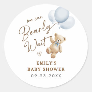 Teddy Bear We Can Bearly Wait Baby Boy Shower Classic Round Sticker