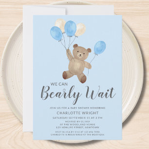 Teddy Bear We Can Bearly Wait Blue Baby Shower  Invitation