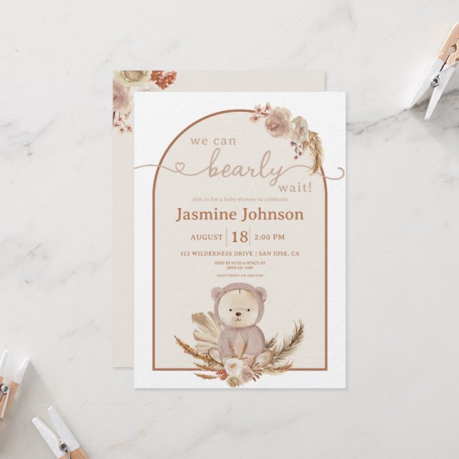 Teddy Bear We Can Bearly Wait Boho Baby Shower Invitation (Front/Back In Situ)