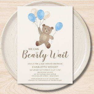 Teddy Bear We Can Bearly Wait Boy Baby Shower  Invitation