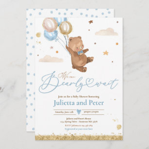 Teddy Bear We Can Bearly Wait Boy Baby Shower Invitation