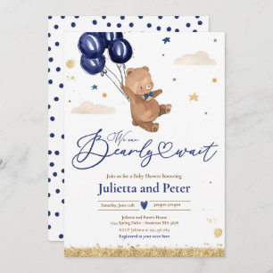 Teddy Bear We Can Bearly Wait Boy Navy Baby Shower Invitation