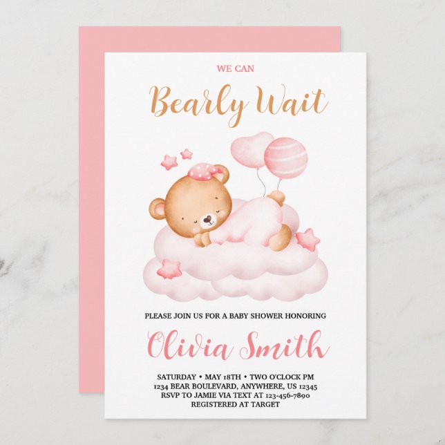 Teddy Bear We Can Bearly Wait Girl Baby Shower  Invitation (Front/Back)