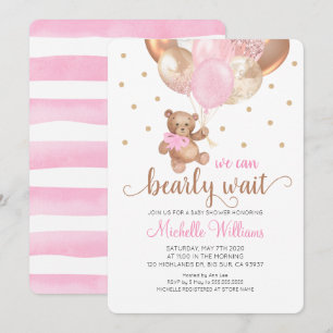 Teddy Bear We Can Bearly Wait Girl Baby Shower Invitation