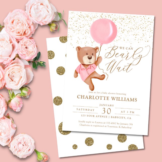Teddy Bear We Can Bearly Wait Girl Baby Shower Invitation (Creator Uploaded)