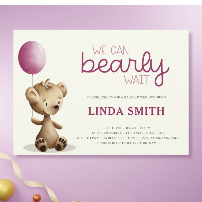 Teddy Bear We Can Bearly Wait Girl Baby Shower Invitation (Creator Uploaded)