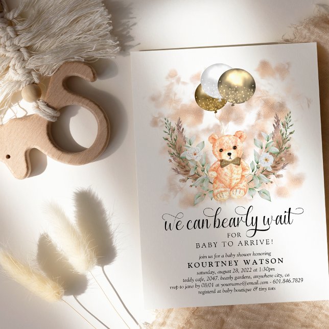 Teddy Bear we can bearly wait Neutral Baby Shower Invitation (Creator Uploaded)