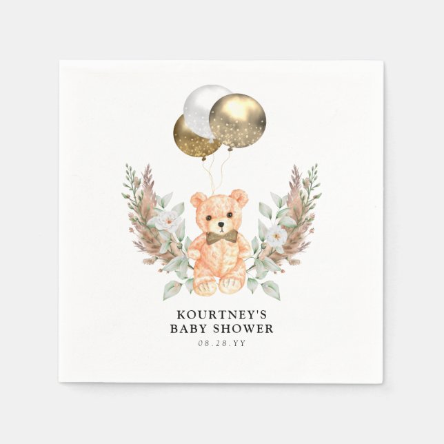 Teddy Bear we can bearly wait Neutral Baby Shower Napkin (Front)