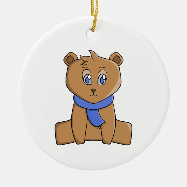 Teddy bear wearing a blue scarf ceramic tree decoration (Front)