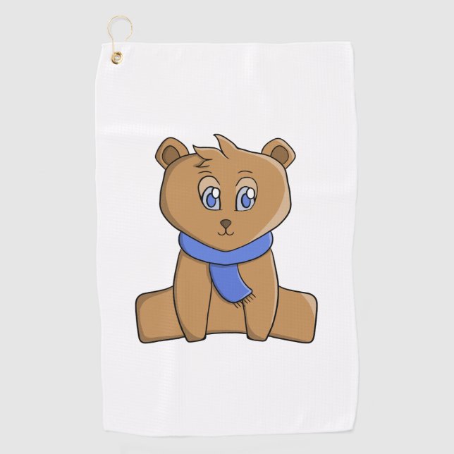 Teddy bear wearing a blue scarf golf towel (Front)