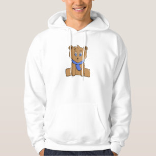 Teddy bear wearing a blue scarf hoodie