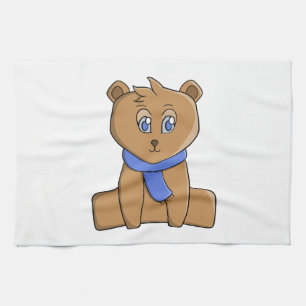 Teddy bear wearing a blue scarf tea towel