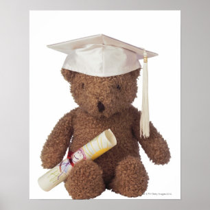 Teddy bear wearing mortarboard and with crayon poster