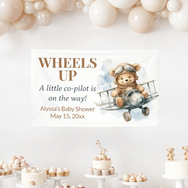 Teddy Bear Wheels Up Little Co Pilot Banner (Wheels Up Little Co-Pilot baby shower banner)