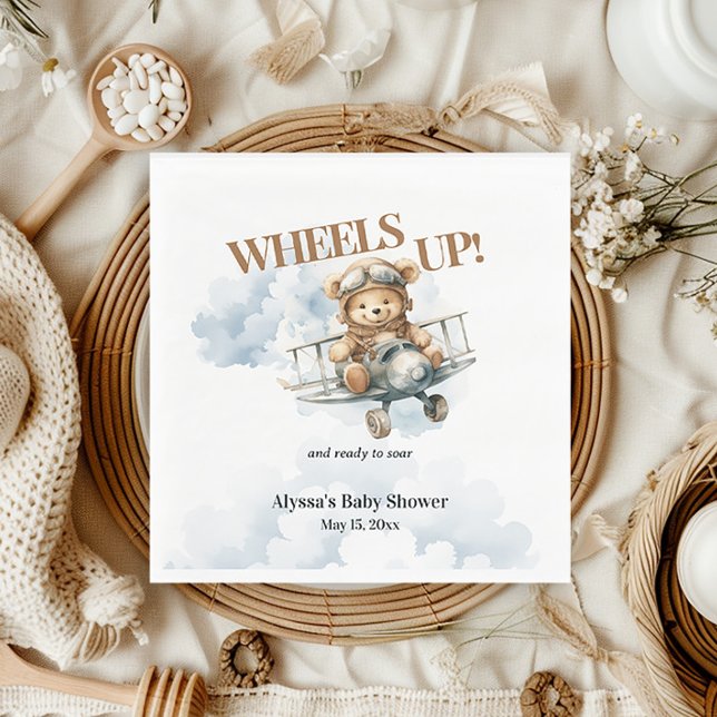 Teddy Bear Wheels Up Little Co Pilot Napkin (Wheels Up/Teddy Bear Little Co-Pilot baby shower paper napkins)