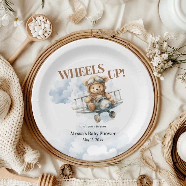 Teddy Bear Wheels Up Little Co Pilot Paper Plate (Wheels Up Little Co-Pilot Teddy Bear baby shower paper plate)
