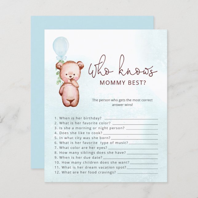 Teddy Bear Who Know Mummy Best Baby Shower Game (Front/Back)