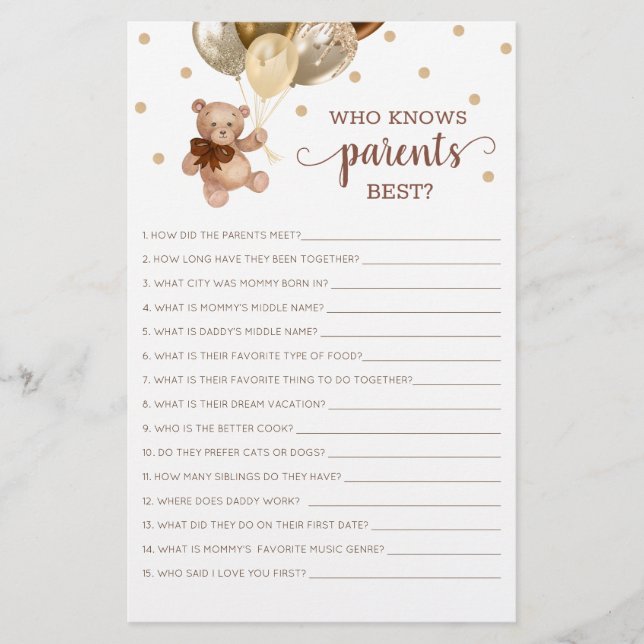 Teddy Bear Who Knows Parents Best Baby Shower (Front)