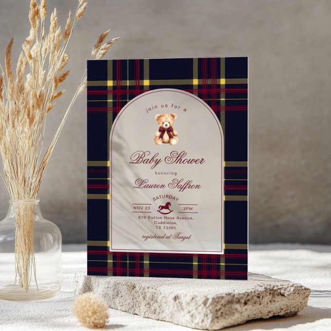 Teddy Bear Wine Red plaid Arch Baby shower Acrylic Invitations (Creator Uploaded)
