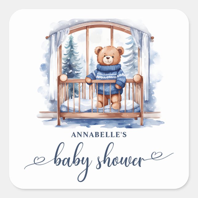 Teddy Bear Winter Boy Baby Shower  Square Sticker (Front)