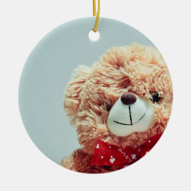 Teddy Bear with a Red Bow Ceramic Tree Decoration (Front)