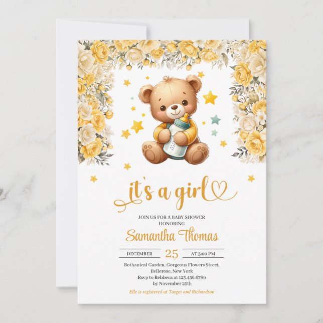 Teddy bear with baby bottle yellow flowers girl invitation (Front)