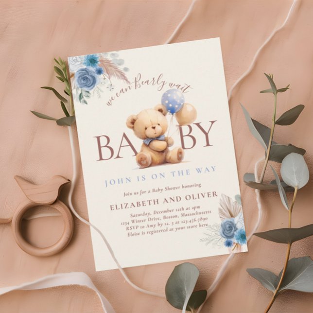 Teddy Bear With Balloon Boho Blue Rose Baby Shower Invitation (Creator Uploaded)